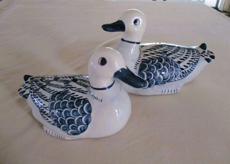 Two stunning large blue and white porcelain ducks