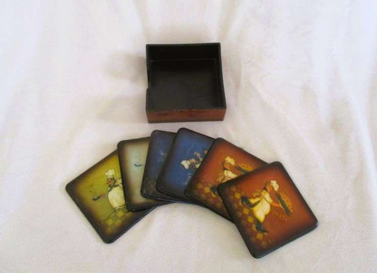 A set of six charming Chef coasters in holder