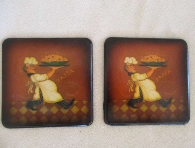 A set of six charming Chef coasters in holder