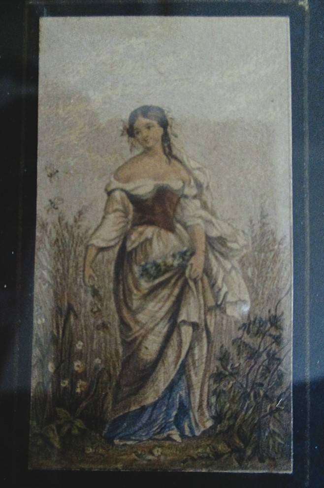 6. Antique 1850's set of five  postage-stamp sized George Baxter needle-box prints