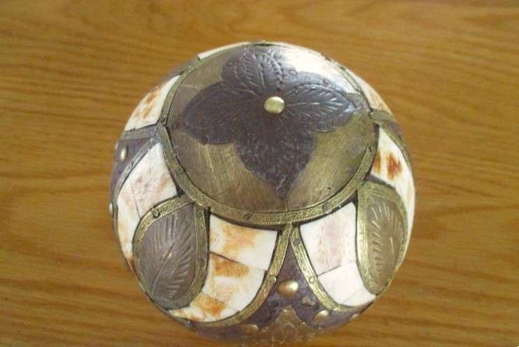 Three heavy vintage Middle Eastern bone and brass inlaid balls - very decorative