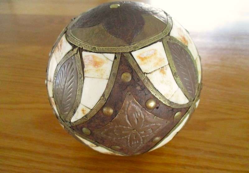Three heavy vintage Middle Eastern bone and brass inlaid balls - very decorative