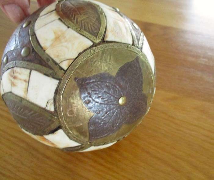 Three heavy vintage Middle Eastern bone and brass inlaid balls - very decorative