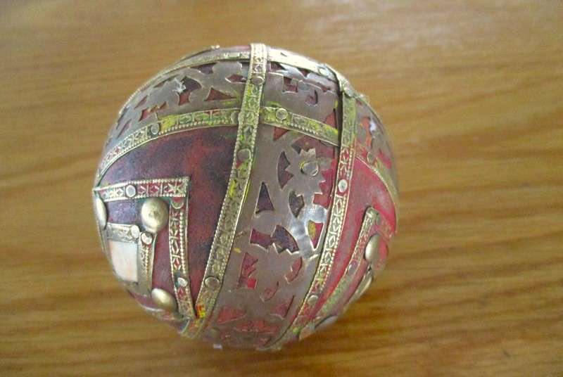 Three heavy vintage Middle Eastern bone and brass inlaid balls - very decorative
