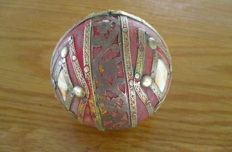 Three heavy vintage Middle Eastern bone and brass inlaid balls - very decorative