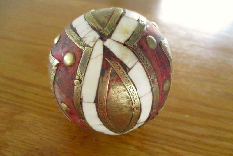 Three heavy vintage Middle Eastern bone and brass inlaid balls - very decorative