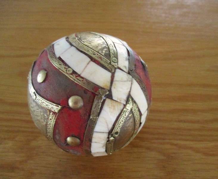 Three heavy vintage Middle Eastern bone and brass inlaid balls - very decorative