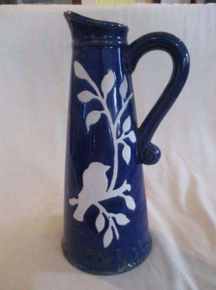 Large, unique purposefully antique-looking ceramic jug vase made to resemble aged enamel