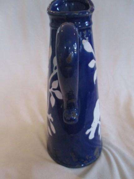 Large, unique purposefully antique-looking ceramic jug vase made to resemble aged enamel