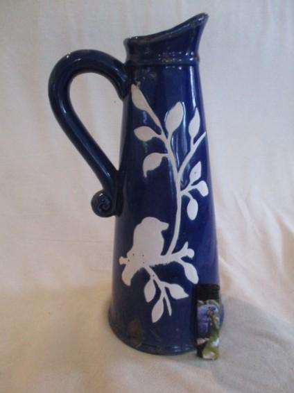 Large, unique purposefully antique-looking ceramic jug vase made to resemble aged enamel