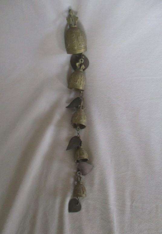 Special find!!  Vintage/antique hand cast Indian brass bell windchimes - carved with Hindu deities