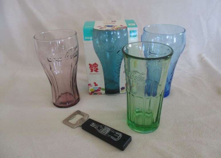 2010 FIFA World Cup and 2012 Olympics - Four collectable Coca Cola glasses plus bottle opener
