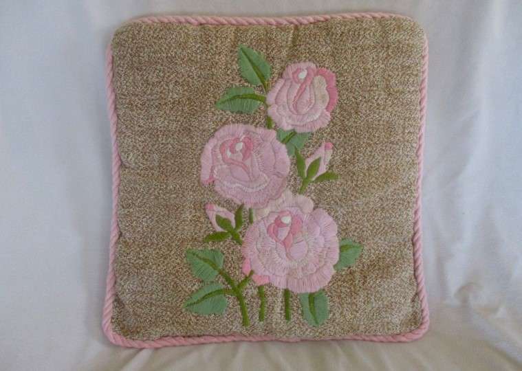 Lovely vintage cushion with hand embroidered pink roses