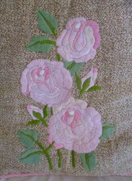 Lovely vintage cushion with hand embroidered pink roses