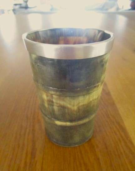 Antique horn beaker cup with silver metal rim
