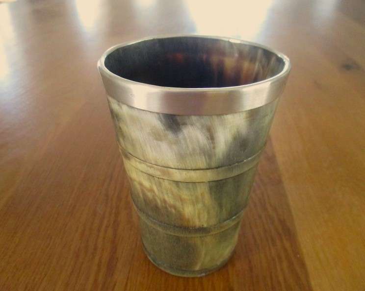 Antique horn beaker cup with silver metal rim