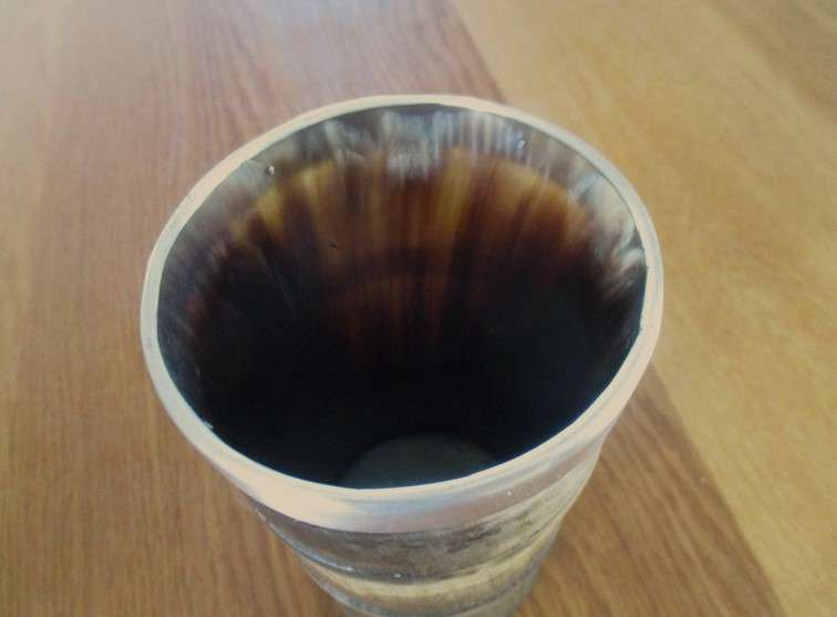 Antique horn beaker cup with silver metal rim