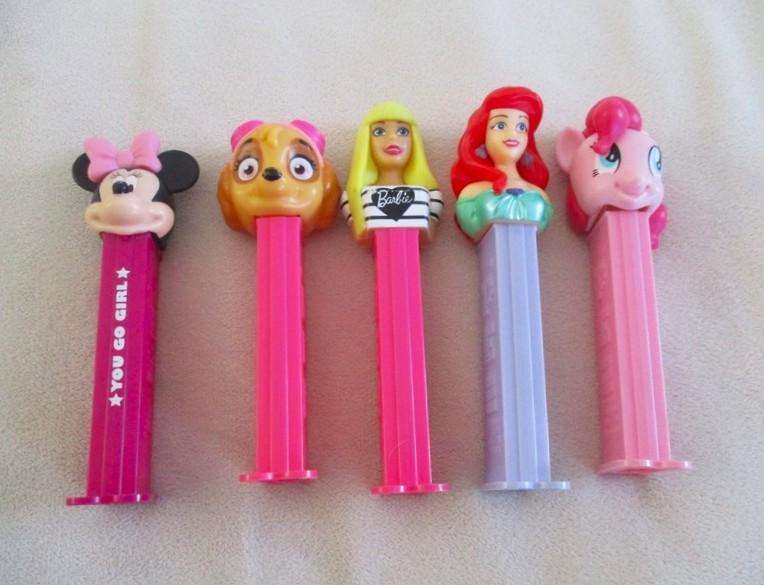 Five collectable Pez dispensers - Barbie, Minnie Mouse, Princess Ariel,MLP and Skye Paw Patrol