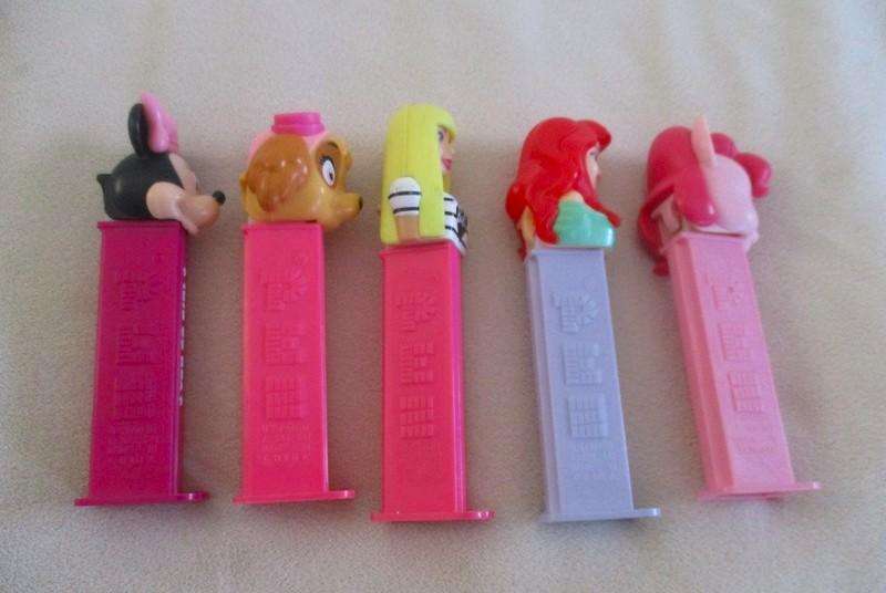 Five collectable Pez dispensers - Barbie, Minnie Mouse, Princess Ariel,MLP and Skye Paw Patrol