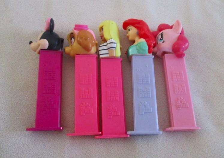Five collectable Pez dispensers - Barbie, Minnie Mouse, Princess Ariel,MLP and Skye Paw Patrol