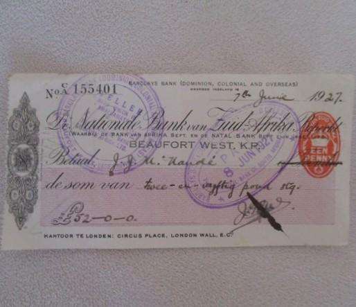 Batch of 22 antique 1927 National Bank of South Africa cheques in consecutive order