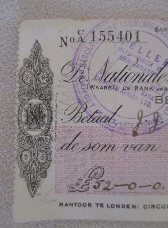 Batch of 22 antique 1927 National Bank of South Africa cheques in consecutive order