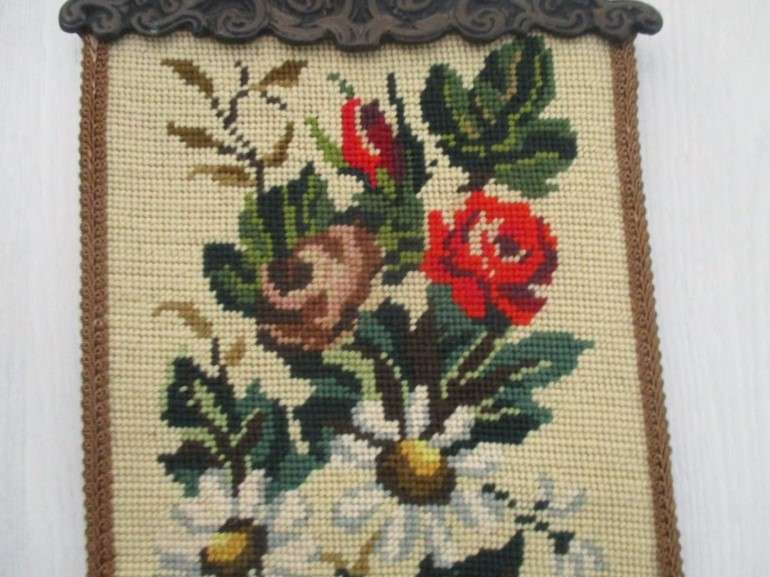 Well made vintage tapestry wall hanging with roses and flowers and ornate metal top and bottom frame