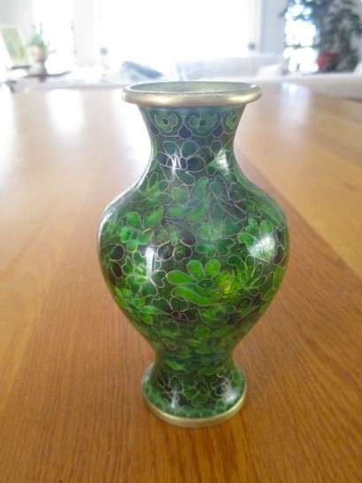 Small oriental cloisonne vase in unusual green colour