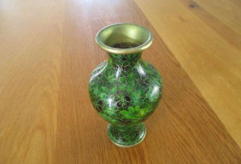 Small oriental cloisonne vase in unusual green colour