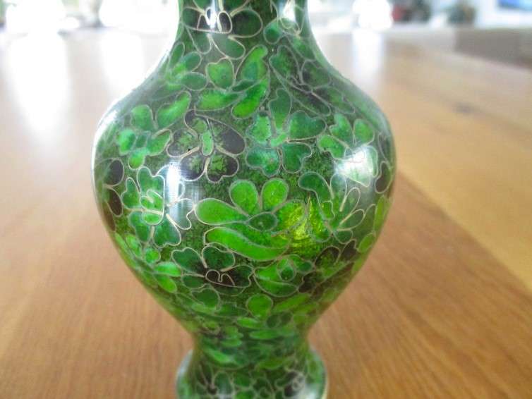 Small oriental cloisonne vase in unusual green colour