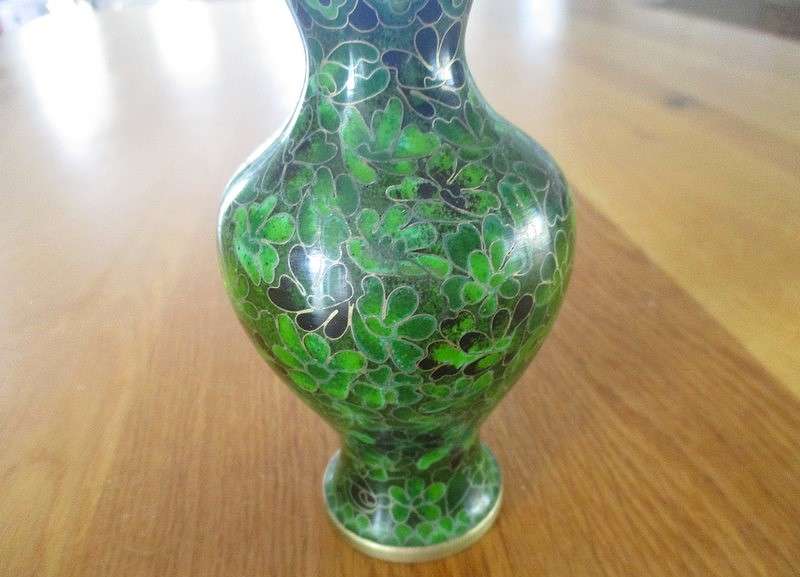 Small oriental cloisonne vase in unusual green colour