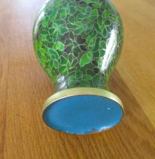 Small oriental cloisonne vase in unusual green colour