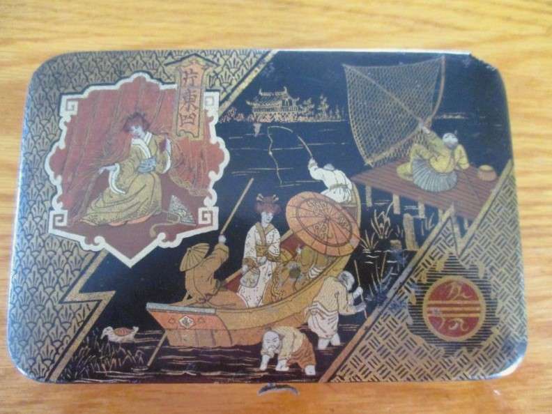 Antique Lacquered wood Chinese Tea Box (signed) and two lacquered wood cups