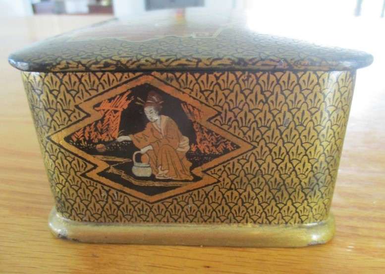 Antique Lacquered wood Chinese Tea Box (signed) and two lacquered wood cups