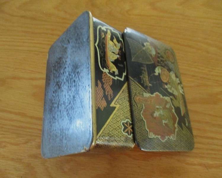 Antique Lacquered wood Chinese Tea Box (signed) and two lacquered wood cups