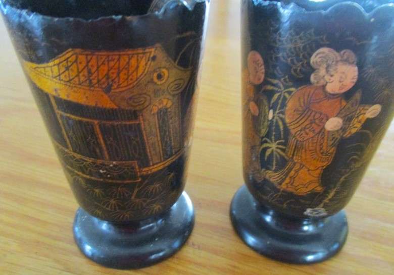 Antique Lacquered wood Chinese Tea Box (signed) and two lacquered wood cups