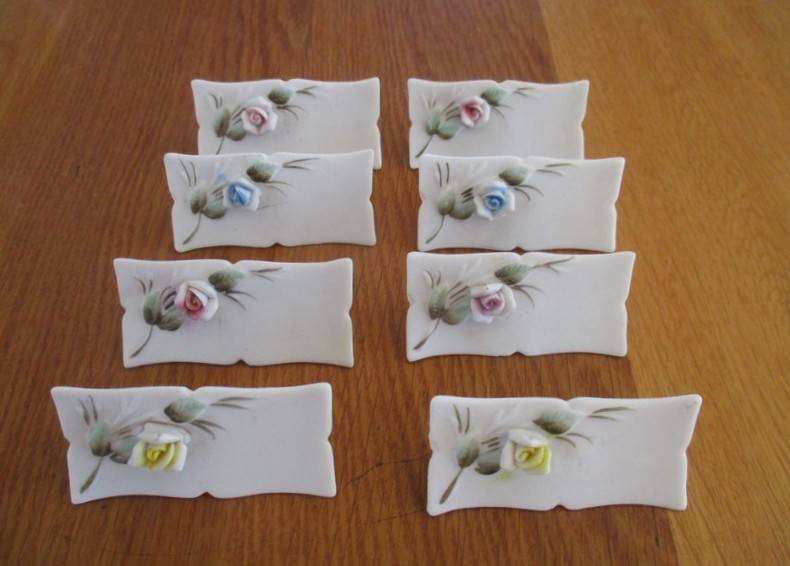 Eight vintage hand made porcelain Balboa, Italy dinner table place name "stands" in perfec condition
