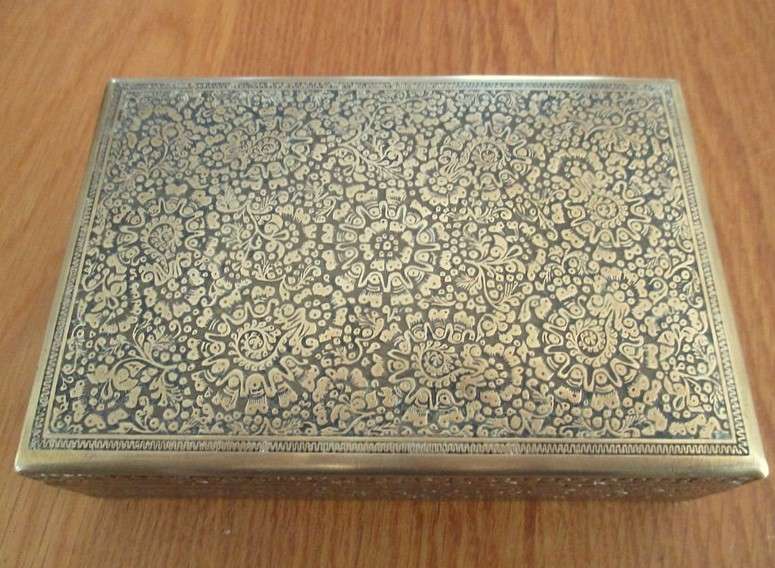 2. - A vintage/antique beautifully engraved solid brass cigar/keepsake box - wood lined