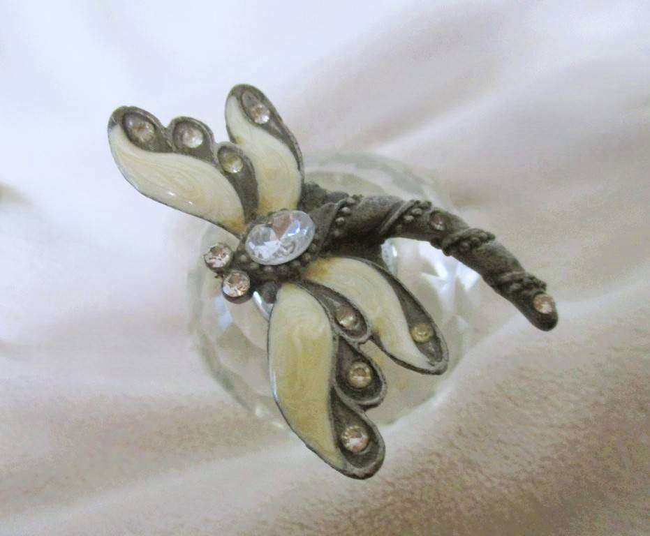Faceted crystal perfume bottle with enamel, metal and rhinestone Dragonfly lid - exquisite