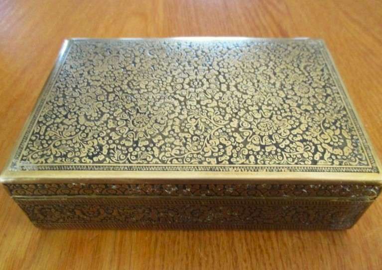 2. - A vintage/antique beautifully engraved solid brass cigar/keepsake box - wood lined