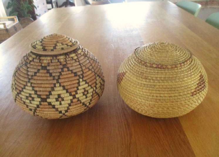 Two vintage, expertly woven lidded snake charmer's baskets in great condition