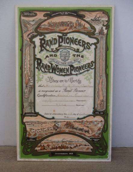 Ultra rare historical document - A Rand Pioneer's certificate