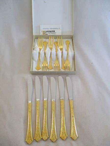 Eetrite 24ct gold plated cake forks in box PLUS 6 rare butter knives - introductory set 1970's