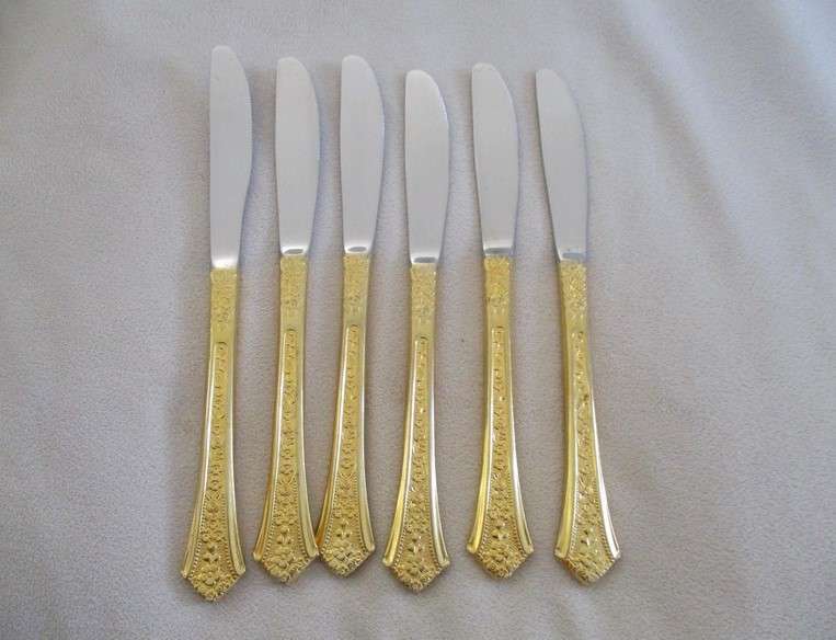 Eetrite 24ct gold plated cake forks in box PLUS 6 rare butter knives - introductory set 1970's
