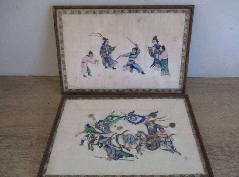 Set of two rare antique Canton Qing Dynasty original paintings depicting theatrical troupe