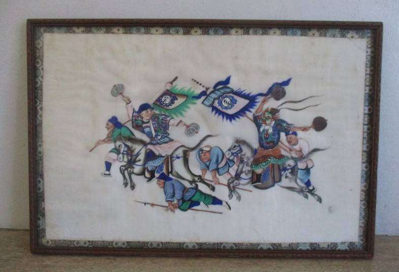 Set of two rare antique Canton Qing Dynasty original paintings depicting theatrical troupe