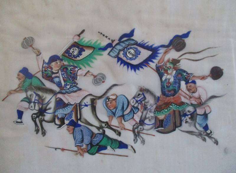 Set of two rare antique Canton Qing Dynasty original paintings depicting theatrical troupe