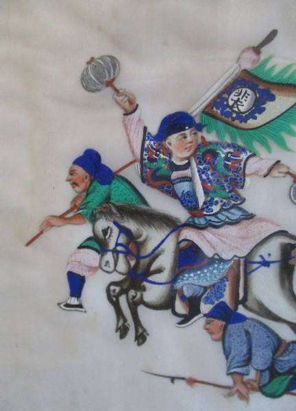 Set of two rare antique Canton Qing Dynasty original paintings depicting theatrical troupe