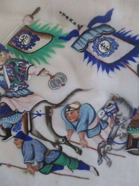 Set of two rare antique Canton Qing Dynasty original paintings depicting theatrical troupe