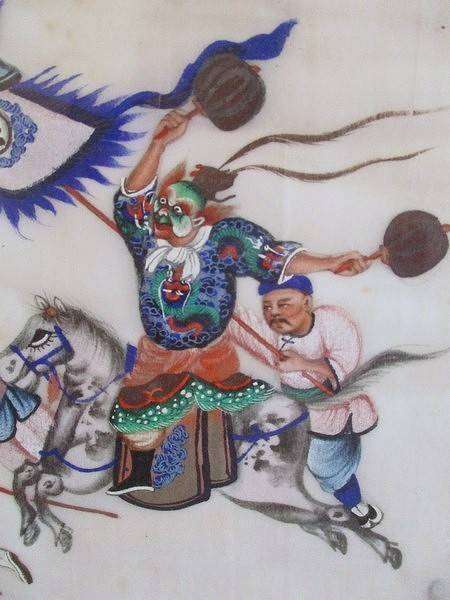 Set of two rare antique Canton Qing Dynasty original paintings depicting theatrical troupe